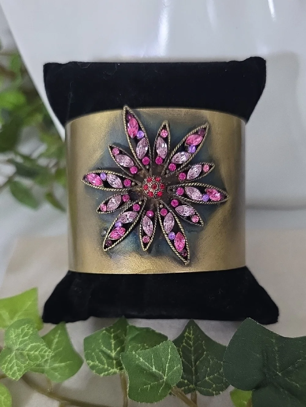 Vintage Antiqued Brass Wide Cuff Bracelet | Pink & Fuchsia Crystal Flower Bangle